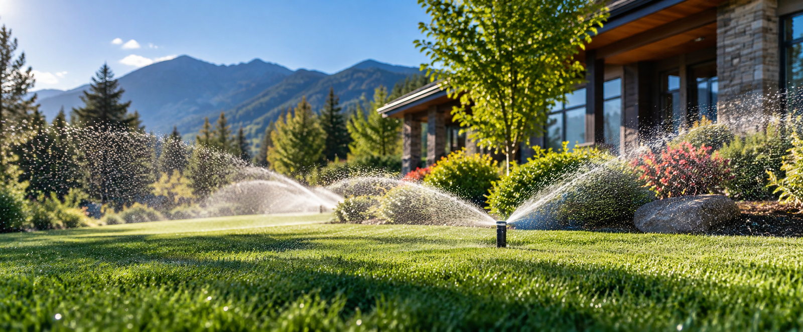 Vibrant landscaped residential lawn with precision rotary irrigation sprayers watering under sunny mountains